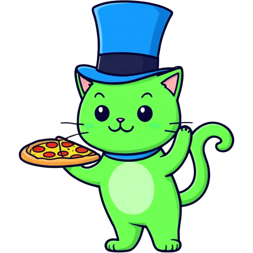 Green cat with blue top hat eating pizza  emoji