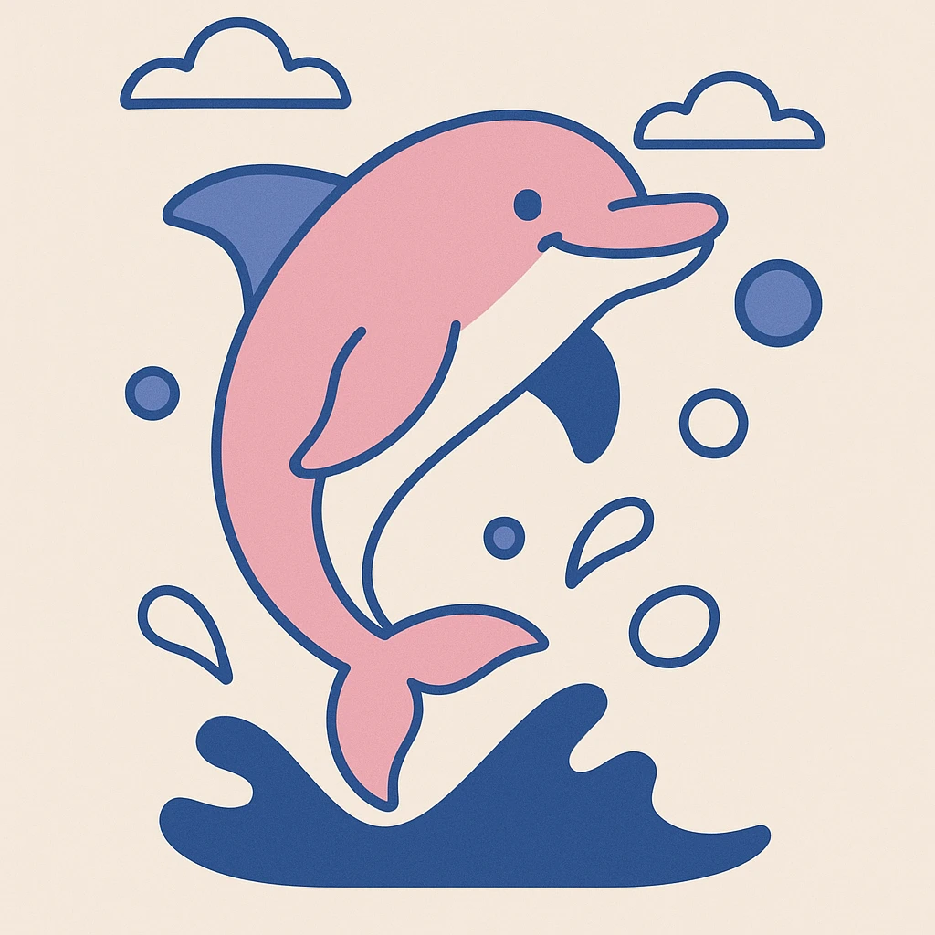 smiling pink dolphin jumping through bubbles, hip hop cartoon style emoji