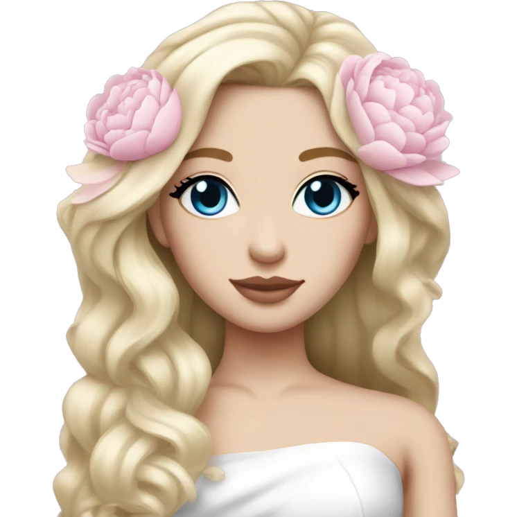 White bride with long light blonde hair and blue eyes with light pink peonies in hair white skin light pink lips emoji