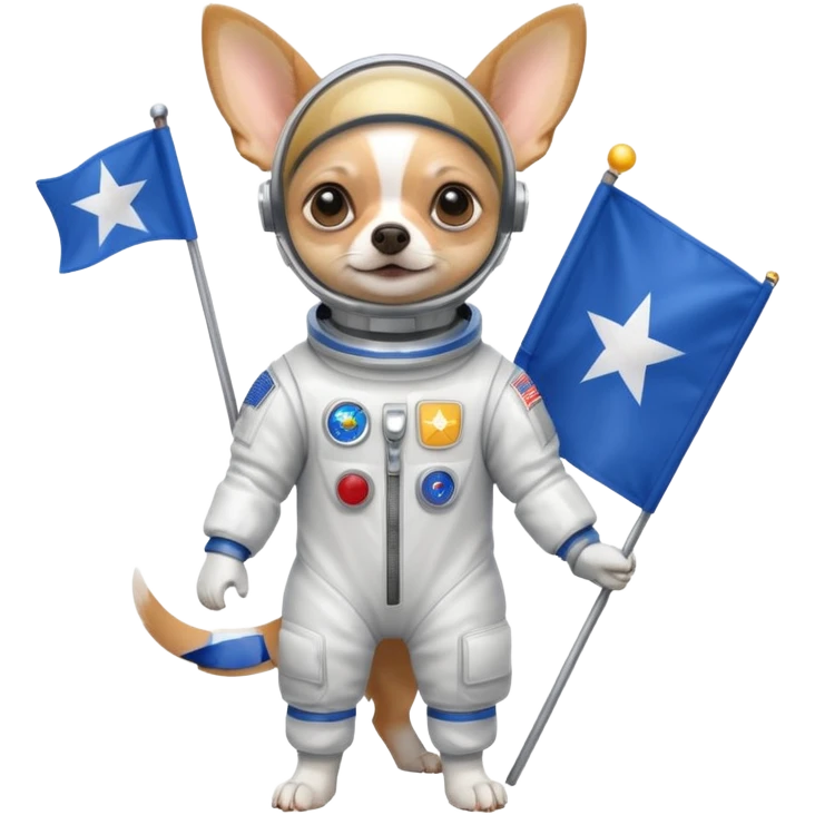 a chihuahua in space suit, holding blue rectangle flag, full body, front view emoji