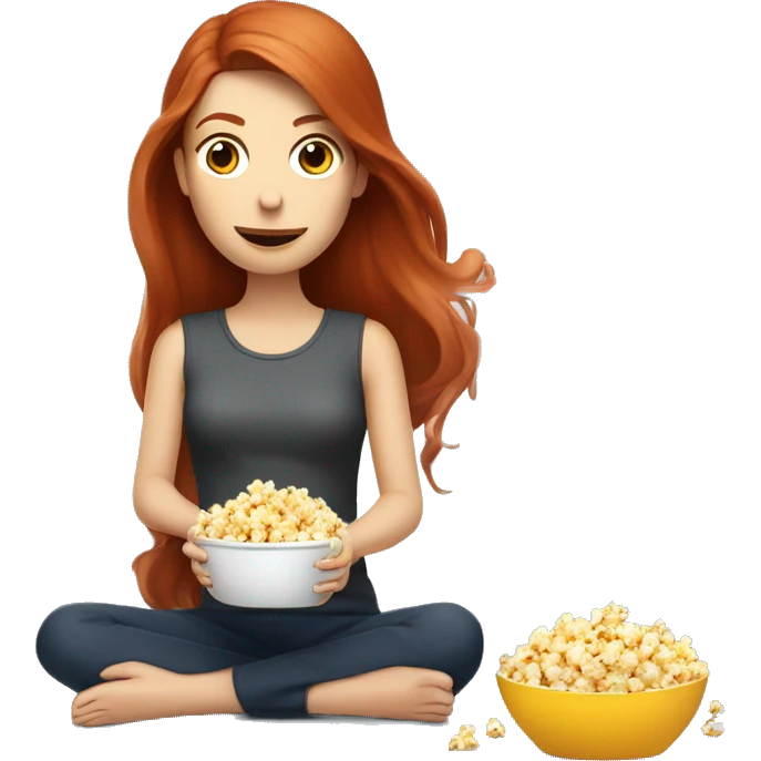 A redhead lady with long hair eating popcorn sitting down watching a robot vacuum  emoji