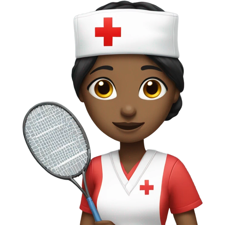 short black hair female nurse with white skin coloe red cross sign hat playing badminton emoji