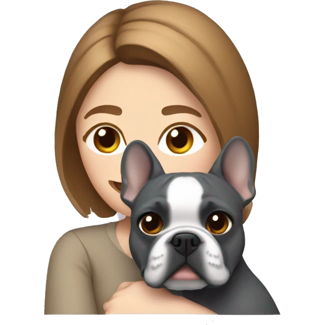 light brown hair woman hugging a dark gray french bulldog emoji