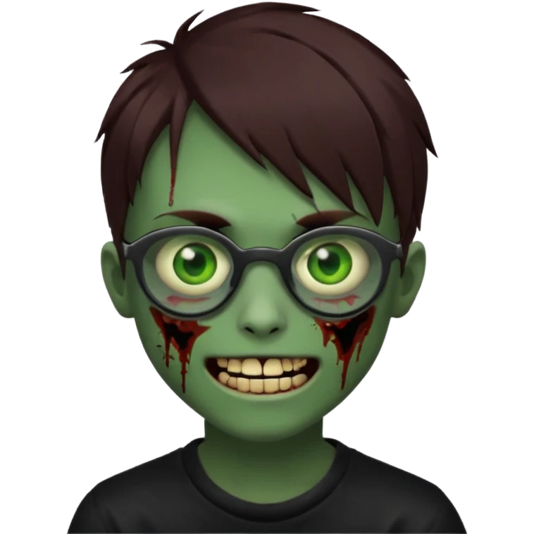 Zombie emo boy, green skin and brown hair and eyes, black glasses and a scary cut open smile, scars and blood under eyes emoji