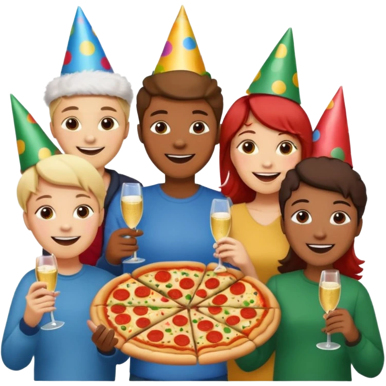 grupo de amigos y amigas comiendo pizza emoji