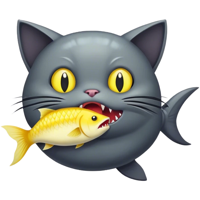 Dark grey evil cat eating a giant yellow fish, make the fish be in his mouth emoji