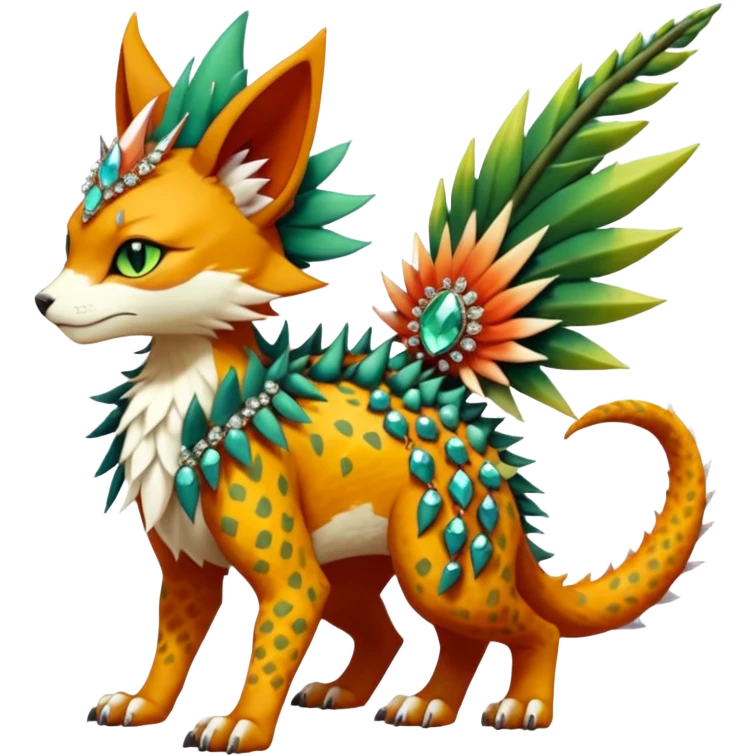 Kawaii cute reddish orangish yellowish greenish exotic tropical beautiful pretty elegant divine edgy feline-vernid-sergal-Fakémon-Pokémon-fursona-animal-creature with accessories, jewelries, full body, with intricate detailed markings, spikes, crystals, fins, scales, spiny, feathered, headdress emoji