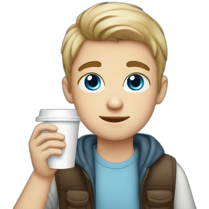 white blue eyed teen boy with a disposable cup of Coffee in his hands emoji