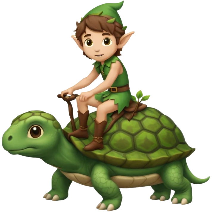 tiny forest elf man brown wavy hair riding a turtoise emoji