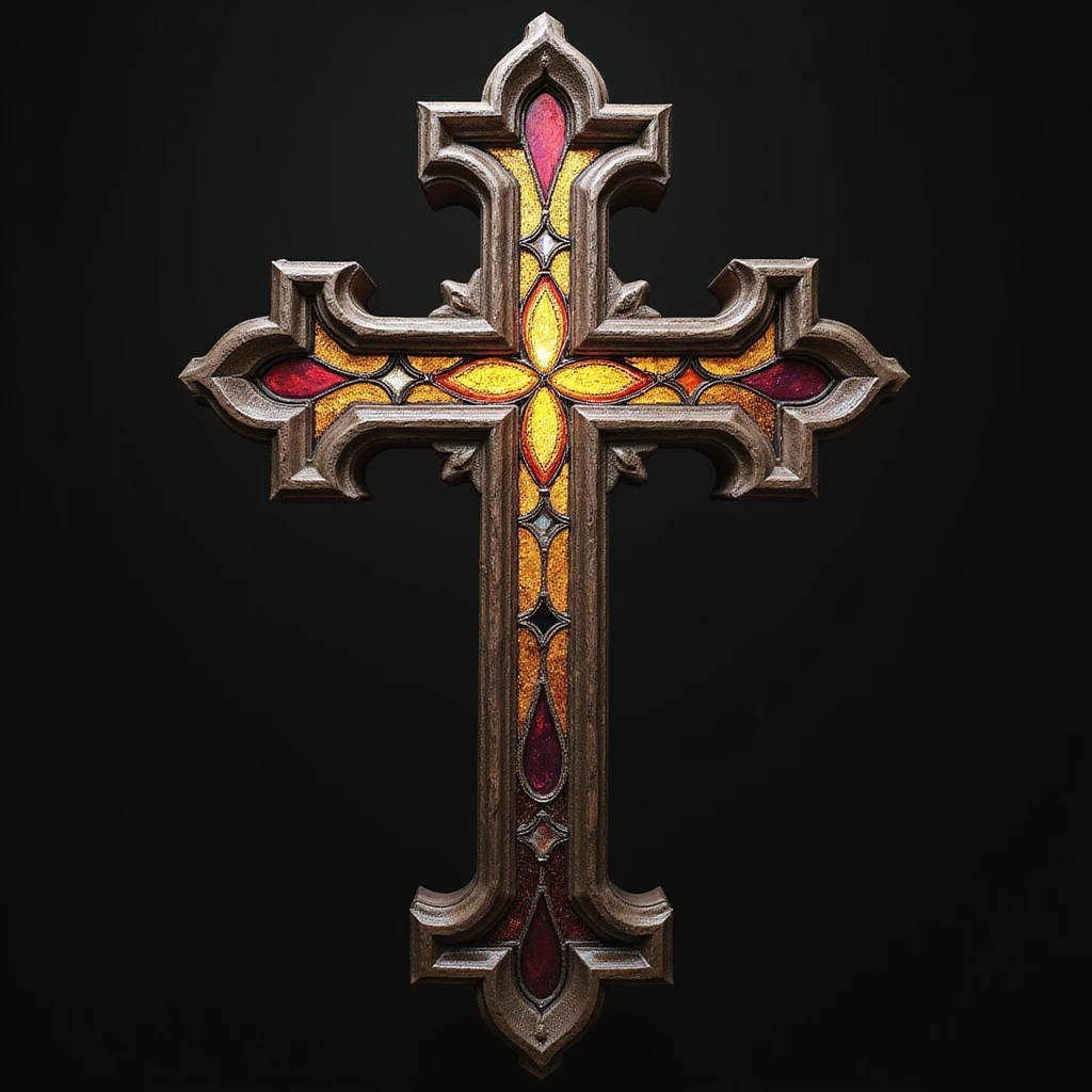 realistic gothic cross, with stained glass, photorealistic style, no background emoji