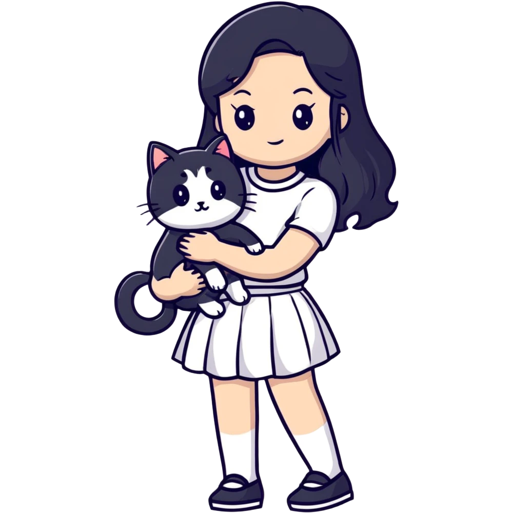 A beautiful girl with long black hair wearing a white skirt holds a cute white cat in her arms emoji
