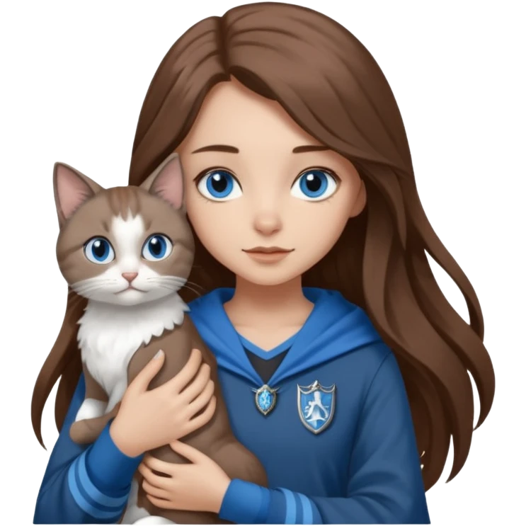 gorgeous Girl with light skin, blue eyes, long brown hair, wears a ravenclaw outfit, with a grey and white cat holding in her arms emoji