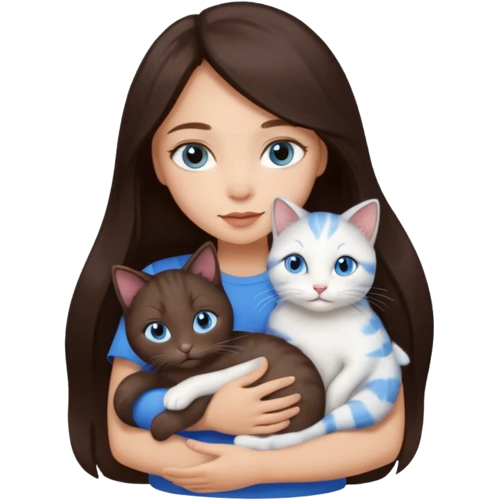a pretty girl with long dark 
brown hair, with blue eyes, hugs 3 different natural coloured small cats emoji