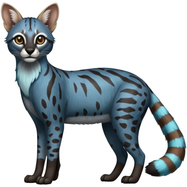 Splash-patterned Realistic edgy bluish greyish blackish whitish silvery coppery Shiny Colorful Dusky Dark Gloomy Glossy Genet-Caracal-Lion-Bobcat-fusion-animal-hybrid-creature, full body, tufted ears, long thin tufted tail emoji