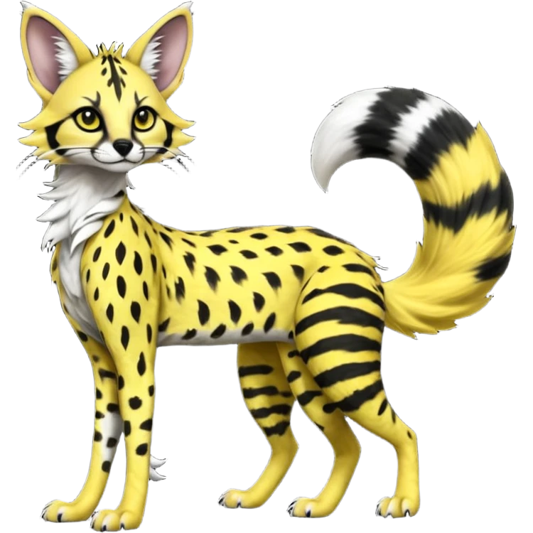 Edgy cool beautiful elegant spotted hype-realistic, black-maned, vibrant yellow Genet-Serval-Sergal-Margay-Fox-fusion-hybrid-furry-fursona, tall long body, long muzzle snout, full body, with a long puffy fluffy black-and-white-striped tail, black long big ears, with natural blue eyes emoji