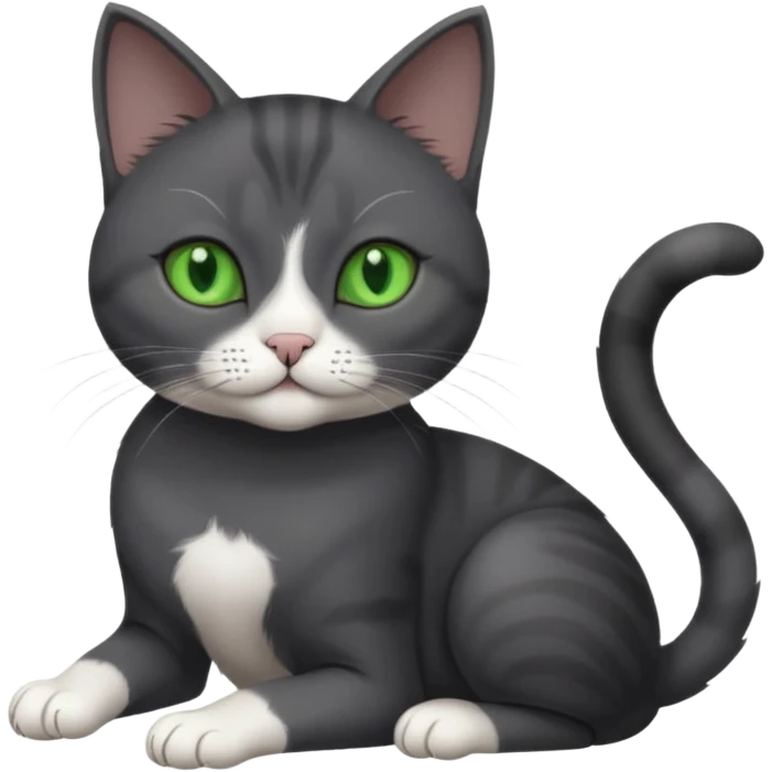 beautiful female solid dark grey cat with green eyes, white toes/paws and white patch on her chest playing emoji