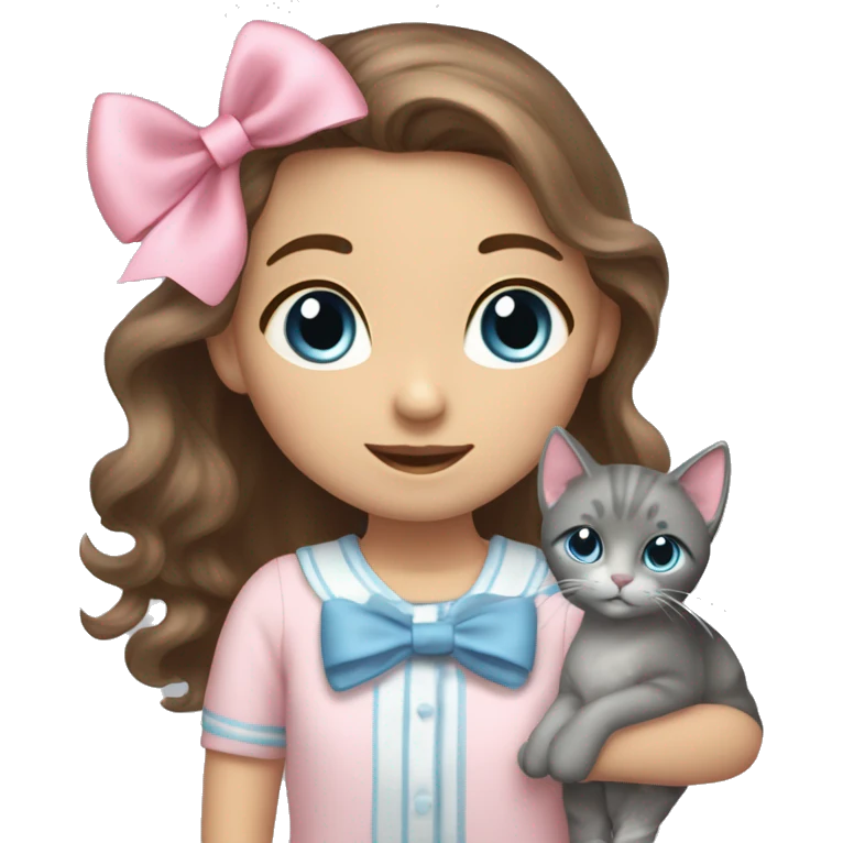 A Girl with long wavy brown hair, with grey-blue eyes, has a light pink bow on hair, and coquette clothes. She is holding a grey cat, which has a pink bow too. emoji