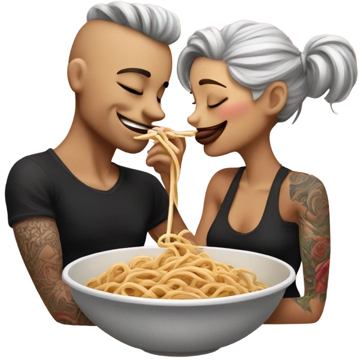 Romantic date for beautiful tattooed couple lady and tramping a noodle emoji