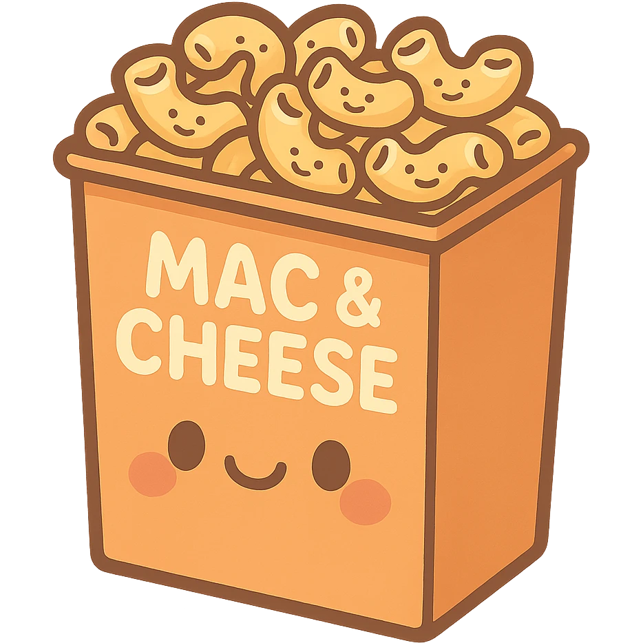 a cartoon box of mac and cheese with smiling noodles, playful and cute emoji