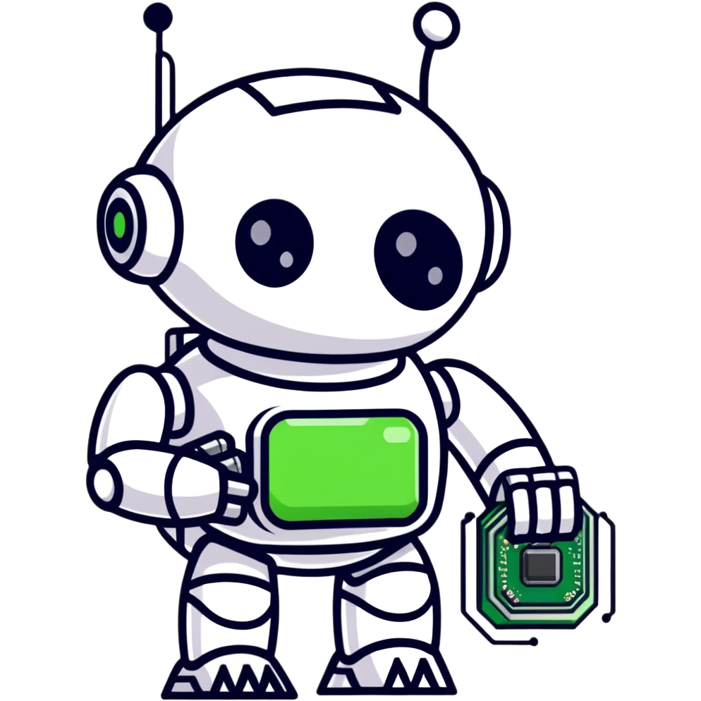 Robot holding an AI processor chip with digital circuits emoji