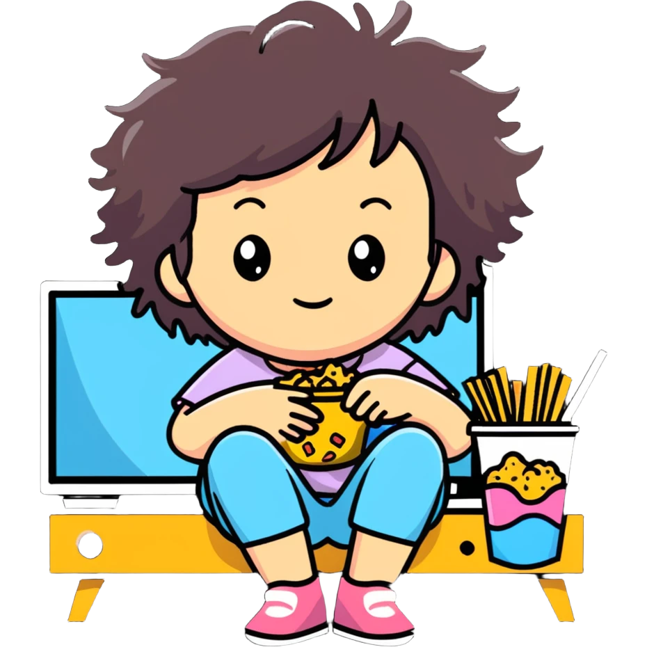 lazy girl with messy hair, TV and snacks, relaxed pose emoji