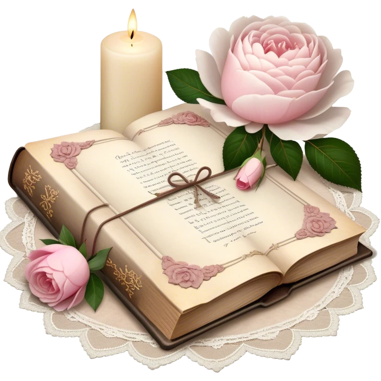 A beautifully aged book of poetry, open beside a softly glowing candle, with scattered blush pink rose petals and white peony blossoms decorating the vintage lace-covered surface.
 emoji