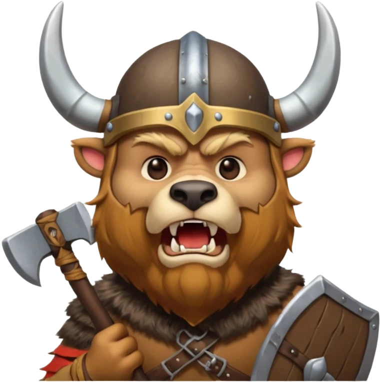 Viking Bear wearing horned helmet growling. holding axe emoji