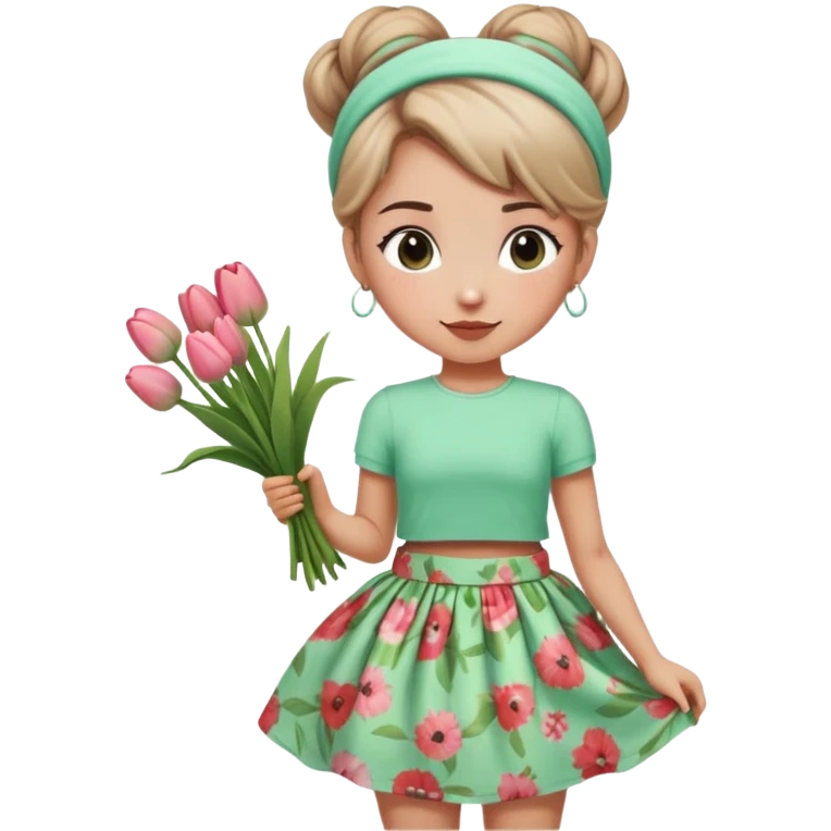 A girl with a messy bun, a mint green headband, and a floral print skirt, holding a bunch of tulips. emoji