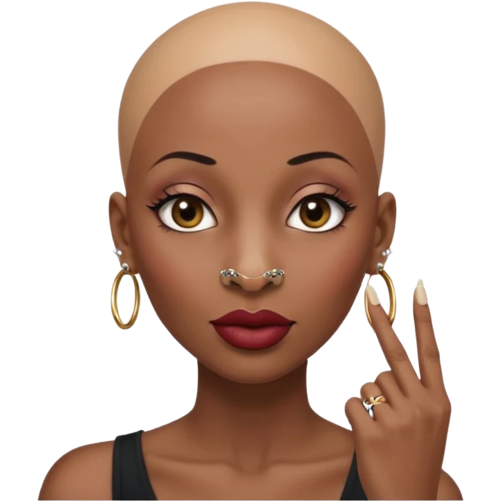 Grown black (proud) woman, bald with a perfect head, a prominent nose with a septum piercing, many piercings on her ears, a gap between her front teeth and very long nails (cynthia erivo) a proud lesbian, with long lashes and her finger tapping the top of her head emoji