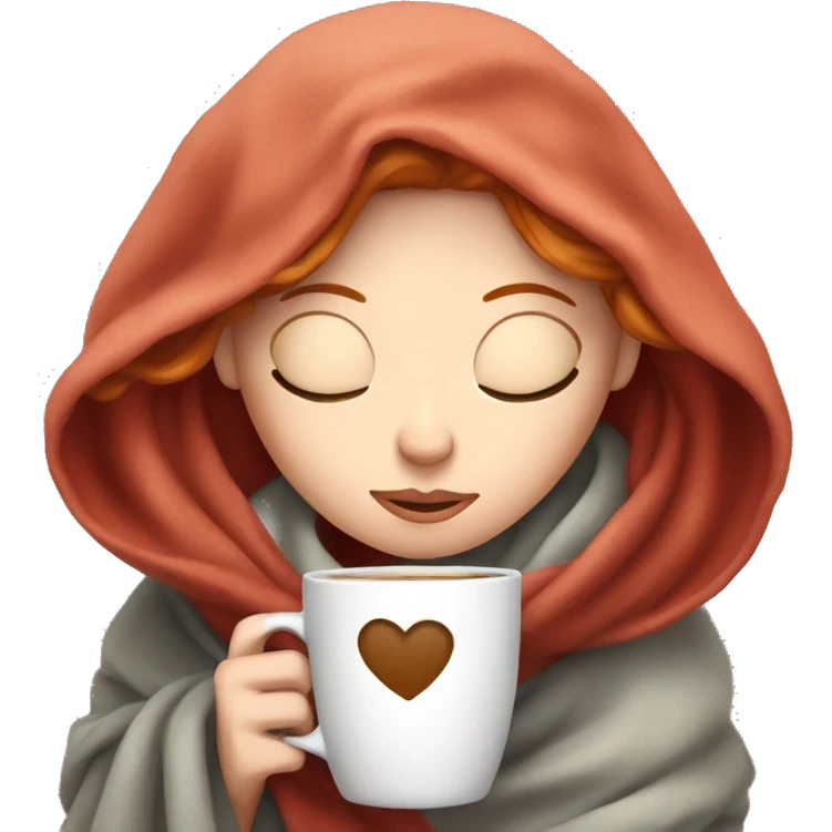 white girl with red hair inside a blanket sipping coffee eyes closed emoji