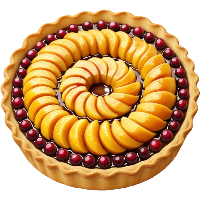 whole tart baked with golden crimped crust and glossy caramelized fruit filling, soft texture, bubbling or fruit swirl, no plate or garnish, soft lighting, emoji scale emoji