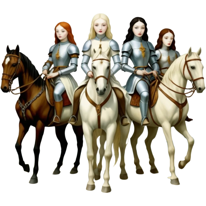 aesthetic brilliant radiant divine lighting, oil paint - ivory Four thin women as horsemen of the Apocalypse, after a graphic by Albrecht Dürer in a desolate landscape emoji