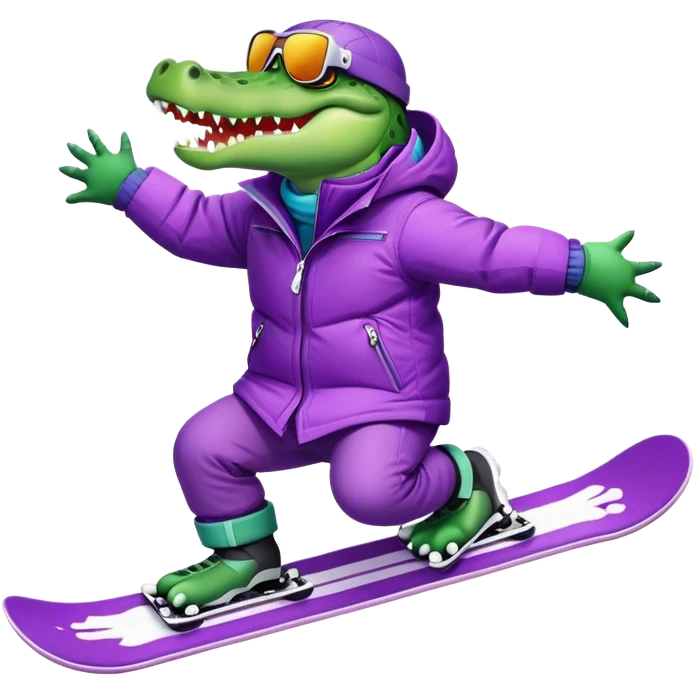 Crocodile snowboarding with purple jacket emoji