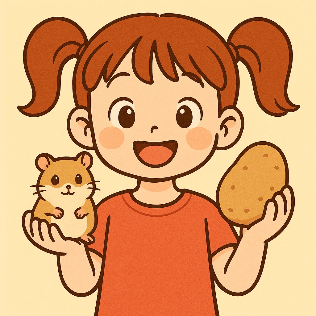 A girl with two ponytails holding a hamster and a potato, cheerful expression, simple background emoji