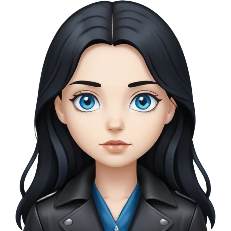 Girl with bog grey-blue eyes, long black hair with black leather coat  emoji