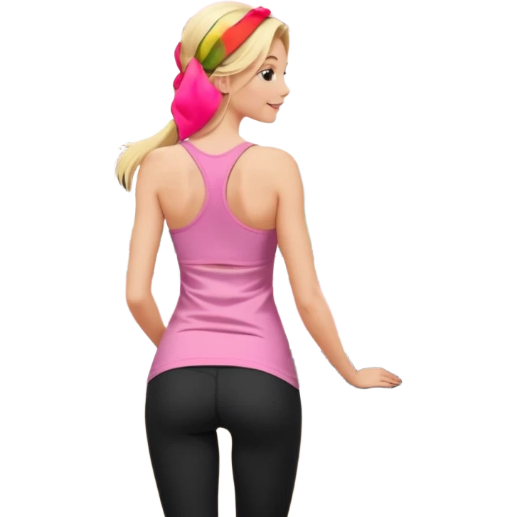 Render from knees up, view from the back, fair skinned woman, thin, long blond hair, cooking dinner in kitchen, pink loose tank top, showing natural B cup breast shape SFW, black yoga pants, perfect booty, looking back emoji