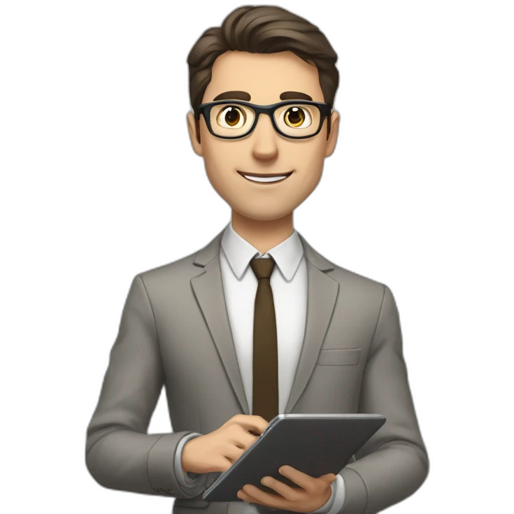 Pale skinned fit man with dark brown hair in gray jacket, beige office shirt, brown tie, brown pants and vintage glasses Writing on the tablet emoji