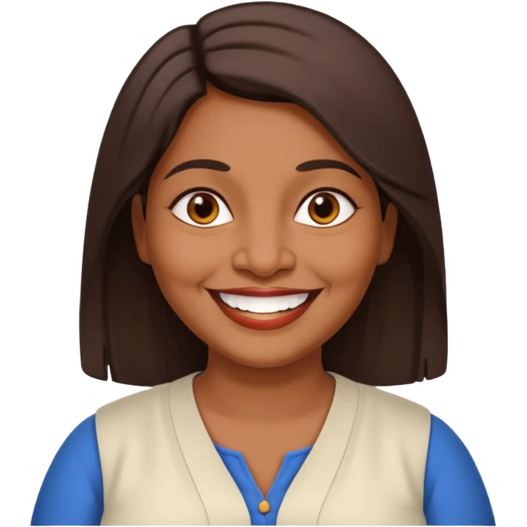 50 yr old chubby Sri Lankan woman, dark skin, straight brown hair, big smile, white teeth, european clothes, shoulder length hair emoji