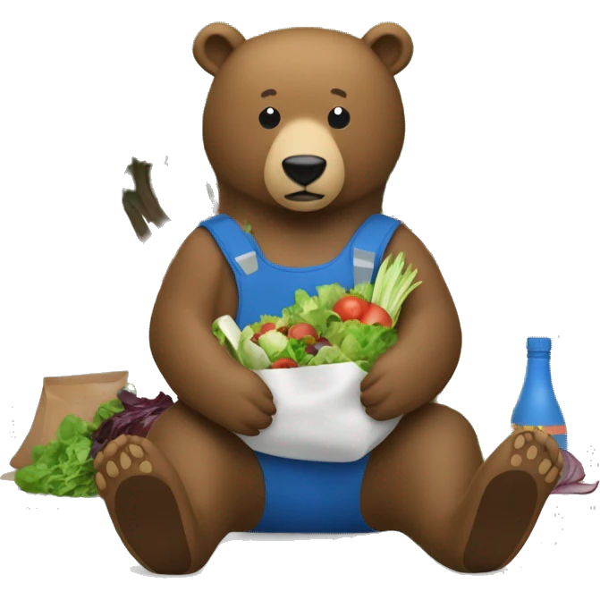 Brown bear sitting against a tree very full with a salad bag next to him and a blue bowl on his belly  emoji