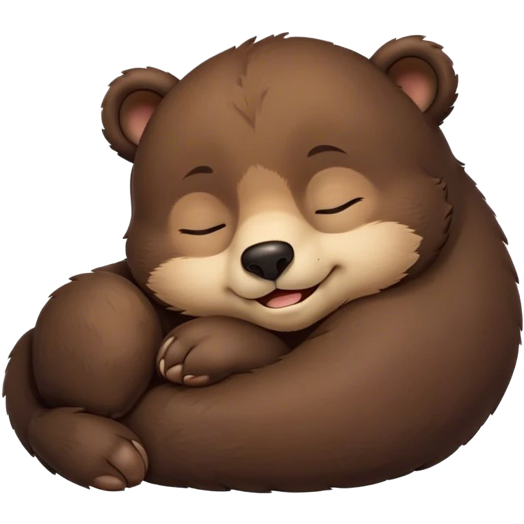 Meme-Worthy Cute Sleeping bear cub Portrait Emoji, Head resting peacefully with a contented smile, showcasing a massive, robust build and a luxuriously soft dark brown fur, eyes shut in a serene, restful nap, Simplified yet hilariously adorable features, highly detailed, glowing with a soft, drowsy light, high shine, relaxed and utterly lovable, stylized with an air of playful laziness, bright and heartwarming, soft glowing outline, capturing the essence of a comically sleepy bear cub, so meme-worthy it feels like it could instantly become the next viral sensation of adorable slumber! emoji