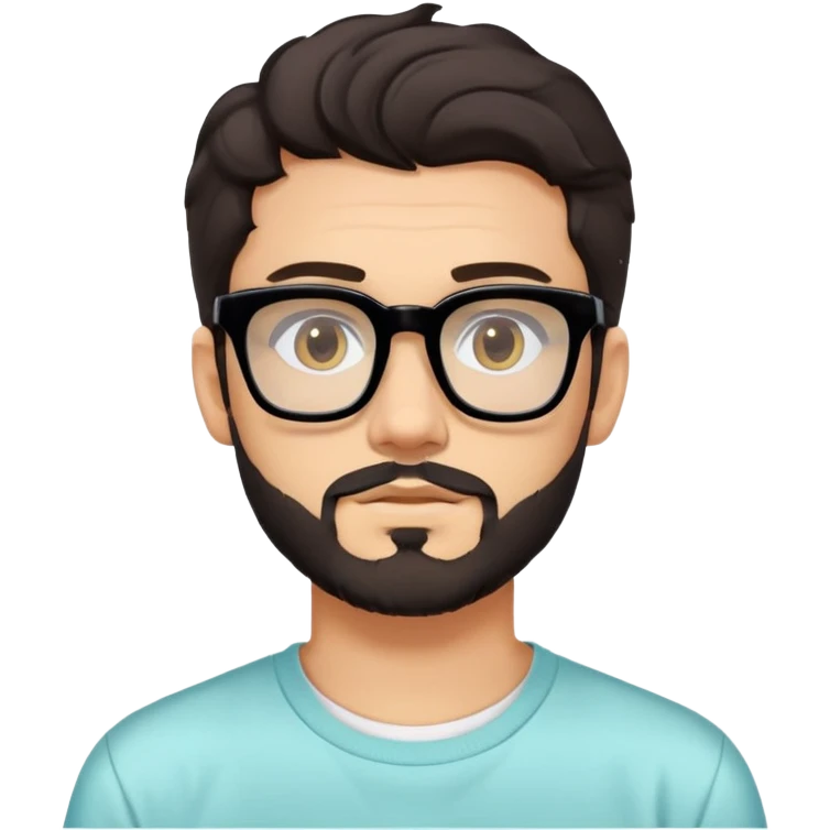 young adult man with light skin, short beard, dark wavy hair, relaxed expression, very wide rectangular glasses with thick black acetate frame and thick double bridge, retro oversized style, colorful open shirt and white t-shirt emoji