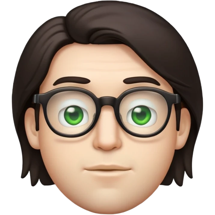 young male emoji with wide face, fuller lips, very poofy voluminous dark straight hair (not curly), big ears, pale skin, glasses, green eyes set wider apart, very light stubble emoji
