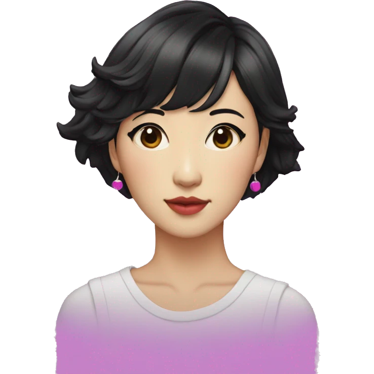 a short-haired Taiwanese lesbian as a designer with vaporwave style, without makeup, with earings, and with black hair. emoji