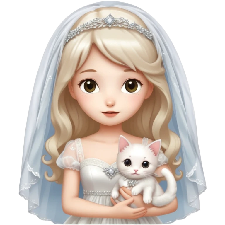 Very dreamy-beautiful-fashionable and elegant-wearing a wedding dress-with a veil-woman-holding a kitten-shiny-ladylike-soft style-kawaii-beautiful-hair-fairy style- emoji