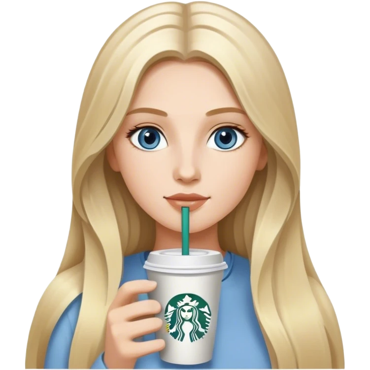 Long blonde grey highlighted with blue grey eyes model sipping one Starbucks coffee emoji