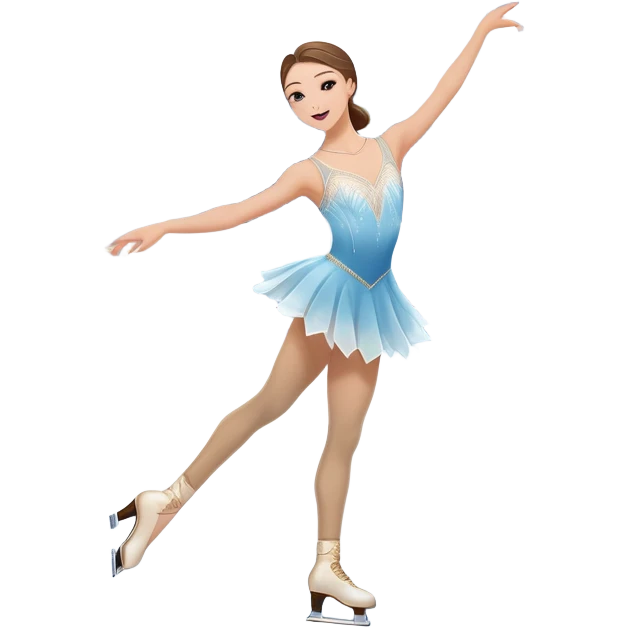 An colorful icon featuring The background includes a grand ice rink palace with shining spotlights and cheering spectators in the stands. A graceful figure skater performing a spin on the ice. Transparent background highlights the elegance and artistry of figure skating emoji