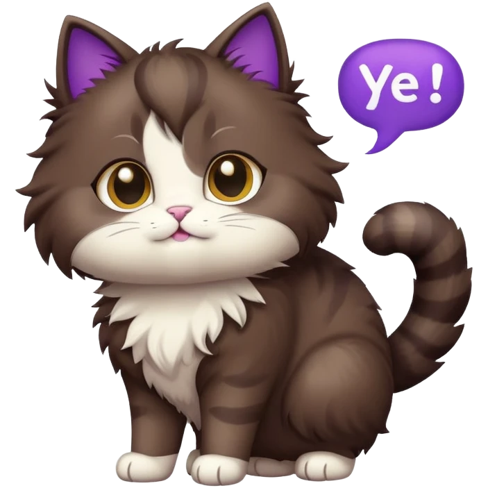 a dark-brown fluffy cute anime cat saying “yes” with a purple speech bubble emoji