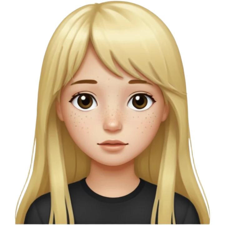 A girl with fair skin, long blond hair, long bangs, freckles and black eyes emoji
