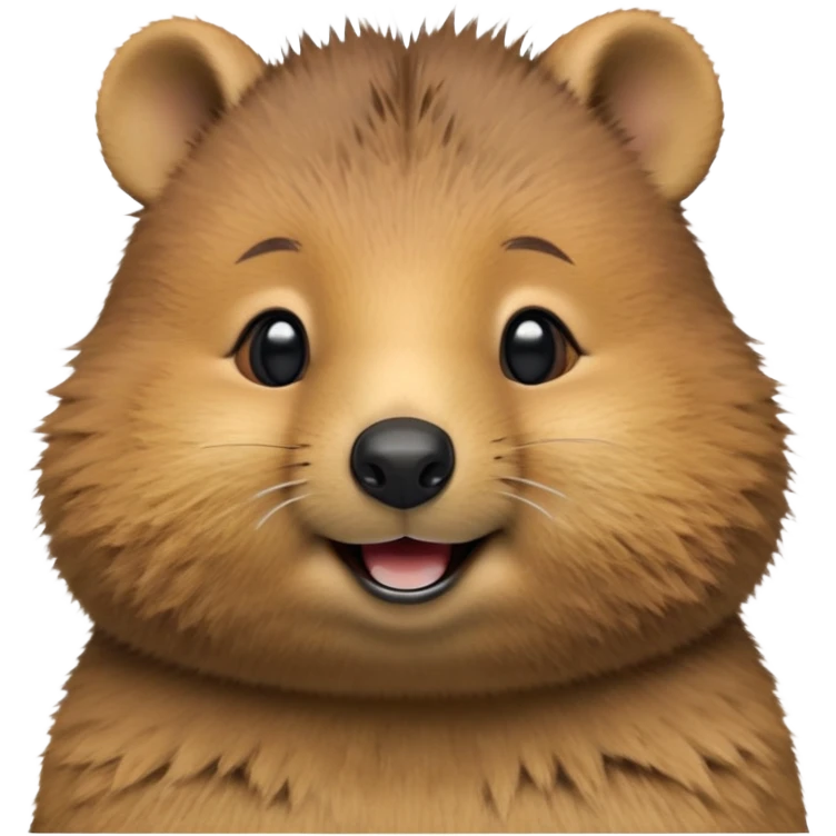 cinematic-realistic quokka-emoji,-small-round-frame, head tilted in an endearing manner, comical smile, round cheeks, giant-fluffy-cheeks-large-smile-fluffy-brown-fur-radiating-a-warm-softness,-big-round-eyes-filled-with-joy, realisticround  fluffy zoomed in, large black eyes emoji