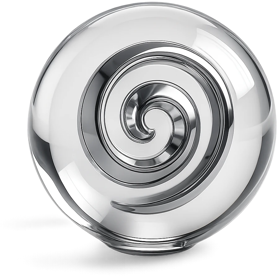 clear sphere with a reflective chrome spiral at its center, emitting a faint glow, chrome style emoji